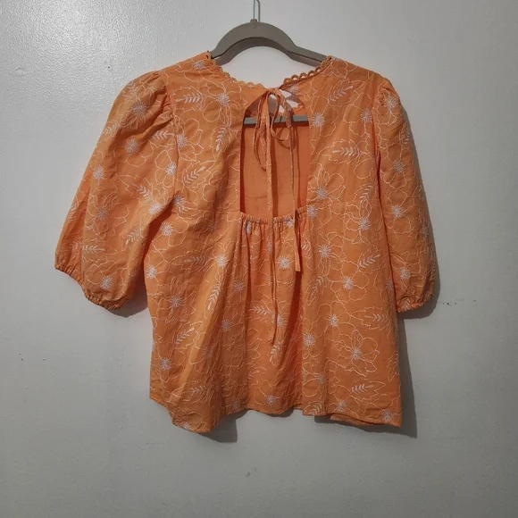 Loft Garden Embroidered Open Back Puff Sleeve Blouse Lg Nwt Tangerine Summer Top - Picture 9 of 10